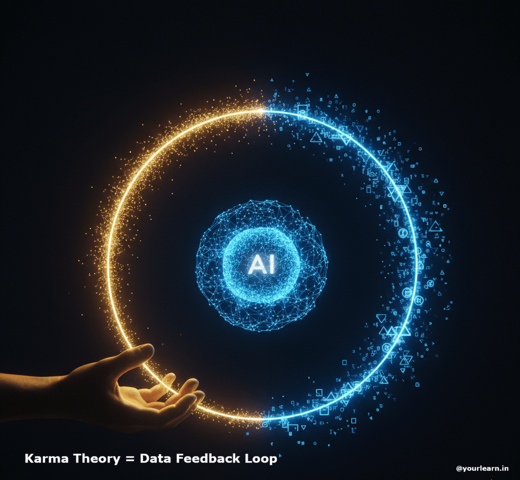 Karma theory visualised as AI data feedback loop with input process output cycle